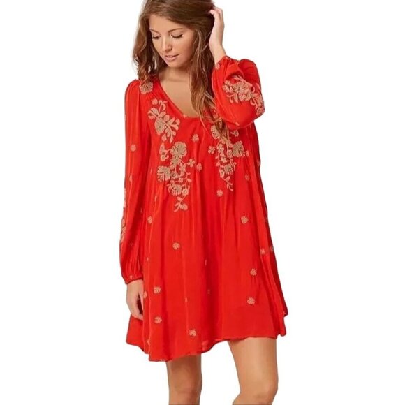 Free People Sweet Tennessee Embroidered Red Long Sleeve Tunic Dress Size S - Picture 1 of 10